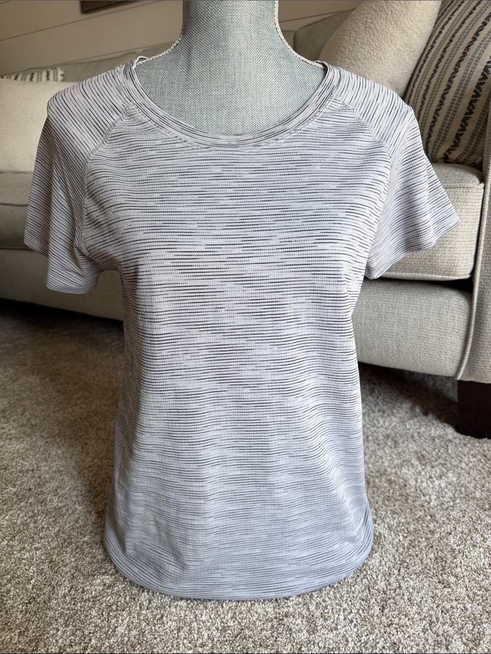ATHLETA Light Gray/Black Striped Short Sleeve Top